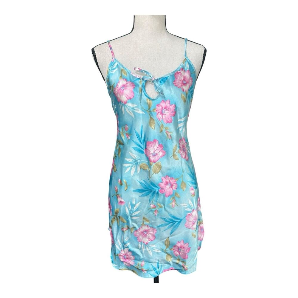Vintage Y2K Secret Treasures Satin Slip Dress XS/S Pink Floral Aqua